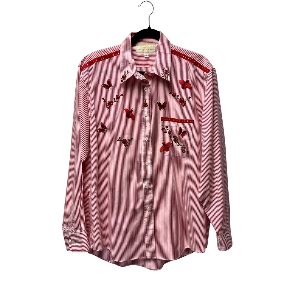 Fortune by Stan Shirt L Red Striped Butterflies Rhinestones Nature Retro Novelty